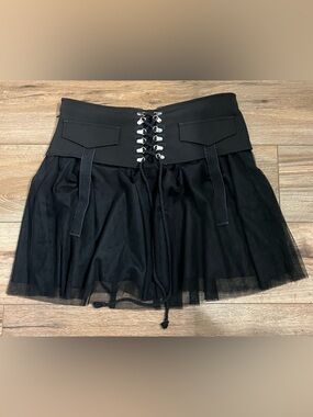 Black Lace-Up Tulle Mini Skirt with Utility Flap Details